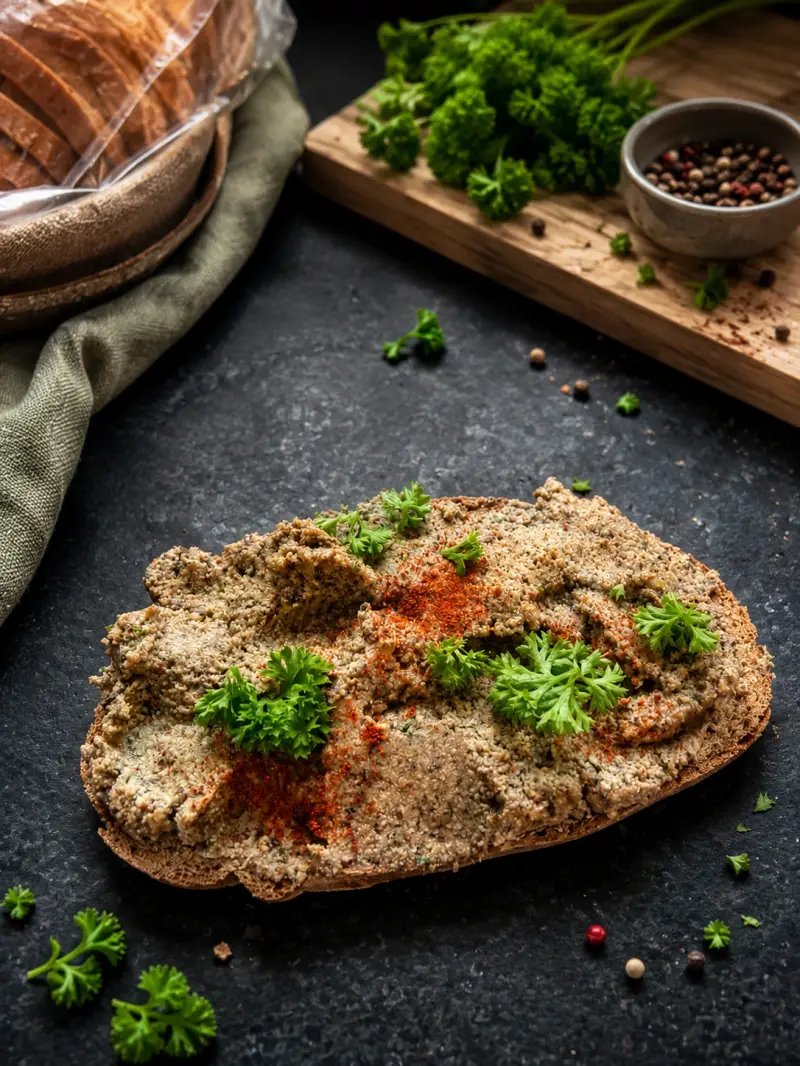 Proteinreicher Bohnenaufstrich mit Kidneybohnen, geräuchertem Tofu und frischen Kräutern auf knusprigem Brot – vegetarischer High-Protein-Aufstrich aus dem Cookit.