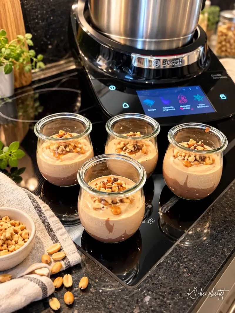 Vier Dessertgläser mit geschichteter Schoko-Erdnusscreme, heller Skyrcreme und gehackten Erdnüssen vor dem Bosch Cookit.