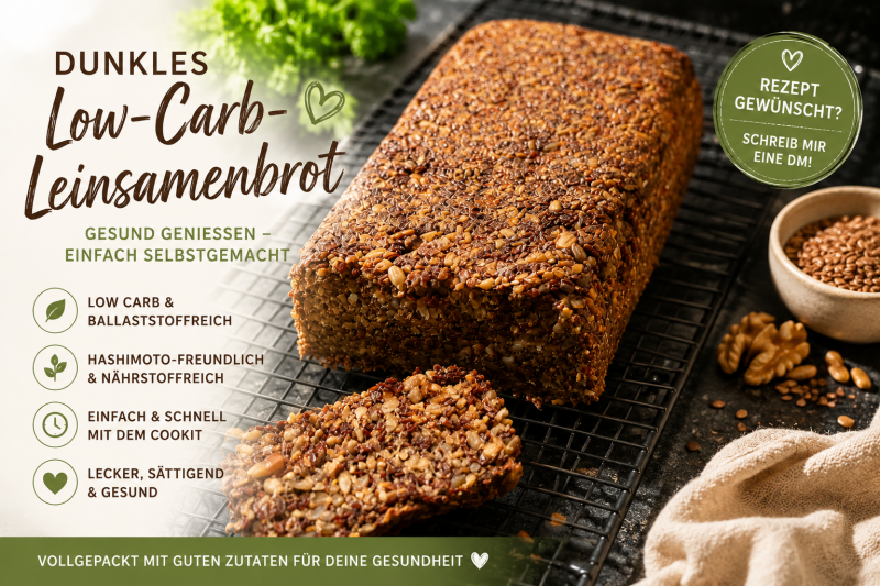 Dunkles Low-Carb-Leinsamenbrot aus dem Bosch Cookit – ballaststoffreich, glutenfrei und lange sättigend mit Leinsamen, Sonnenblumenkernen und Walnüssen.