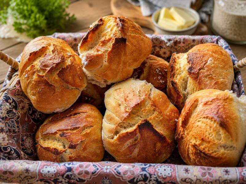 Frisch gebackene knusprige Brötchen nach Axel Schmitt in einem Brotkorb angerichtet.