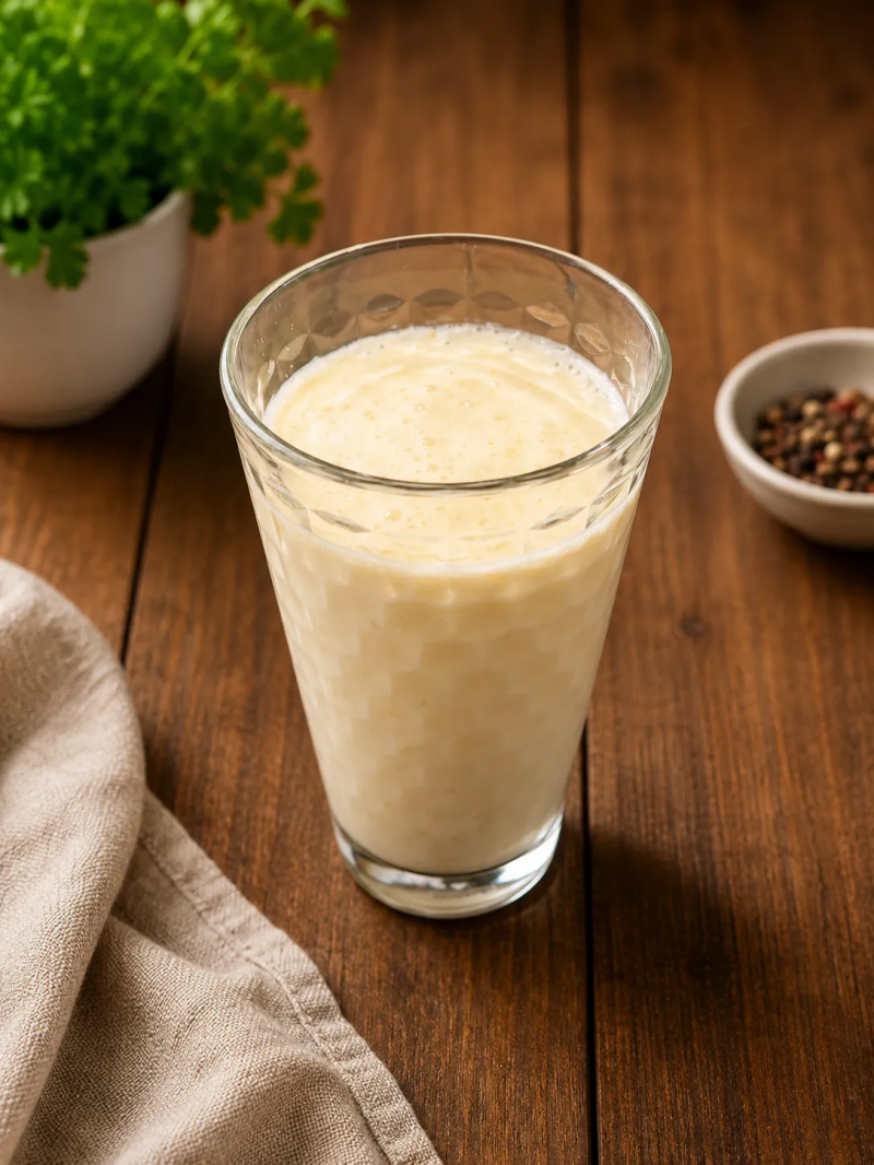Proteinreicher Bananen-Skyr-Shake aus dem Bosch Cookit in einem Glas serviert