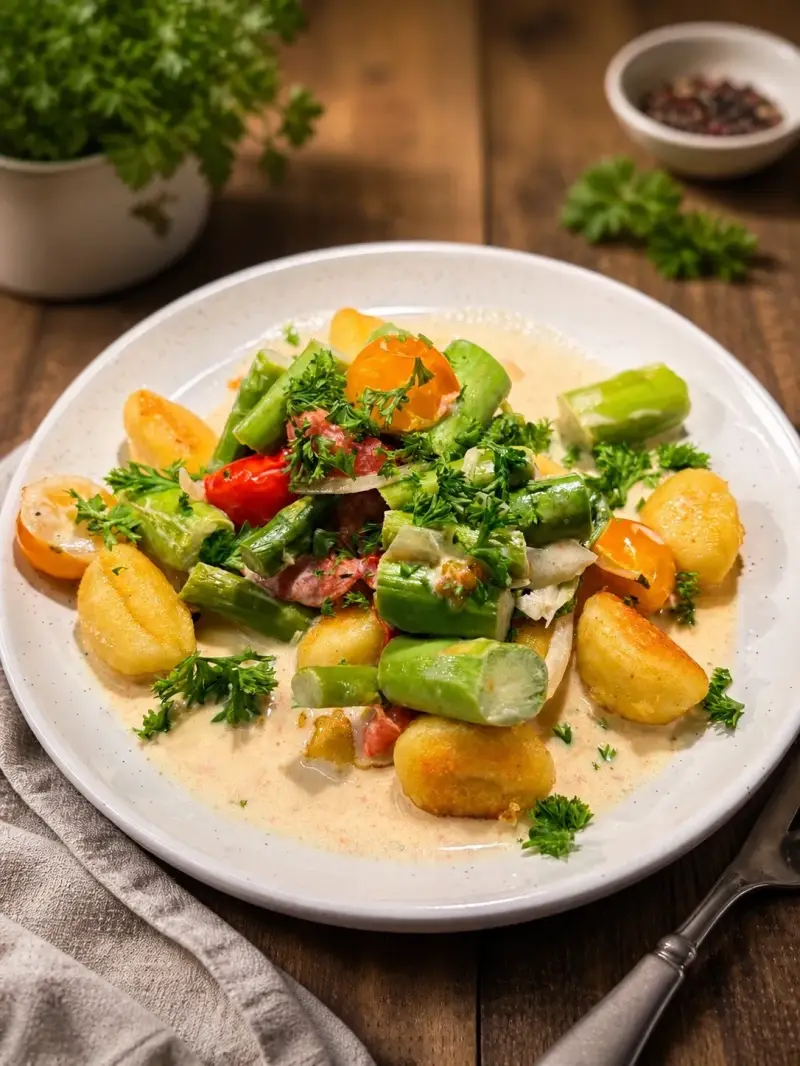 Gebratene Gnocchi mit grünem Spargel und Kirschtomaten in cremiger Sauce aus dem Cookit