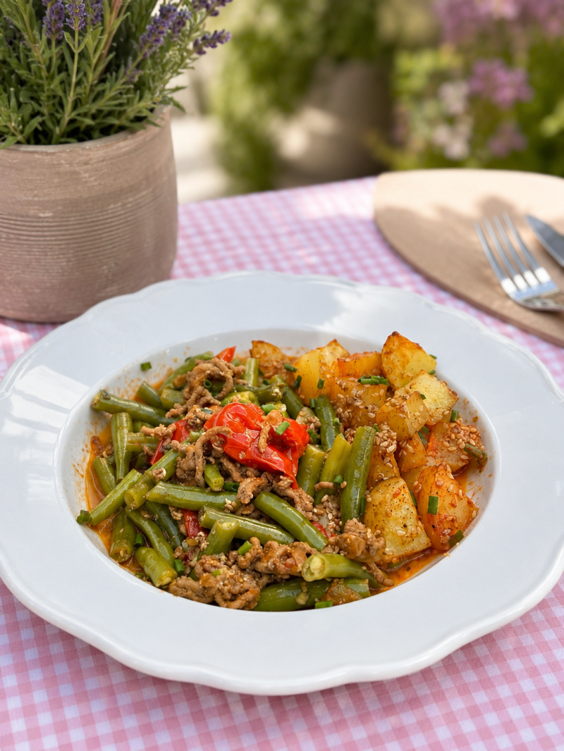 High-Protein-Hack-Bohnen-Topf aus dem Cookit mit grünen Bohnen, Tomaten und gerösteten Kartoffeln