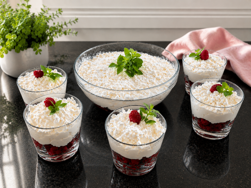 Himbeer-Dessert mit luftigem Baiser und Sahne im Glas – einfaches Sommerdessert aus dem Bosch Cookit von Cookit-Erleben.de