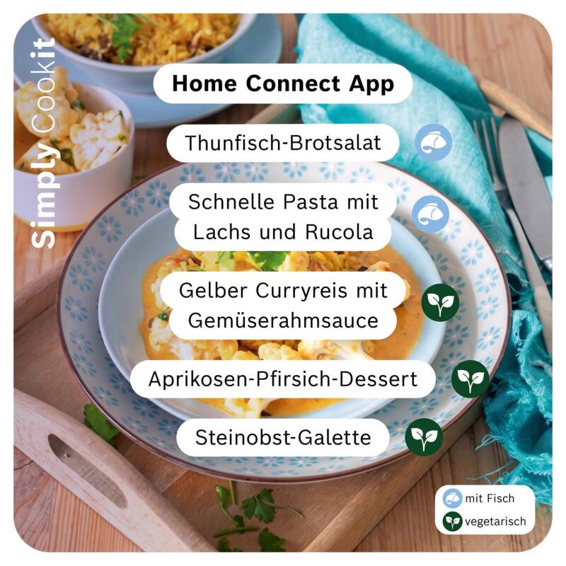 Bosch Cookit Rezepte der Woche ab 25.06.2026 aus der Home Connect App mit Thunfisch-Brotsalat, schneller Pasta mit Lachs und Rucola, gelbem Curryreis mit Gemüserahmsauce, Aprikosen-Pfirsich-Dessert und Steinobst-Galette.