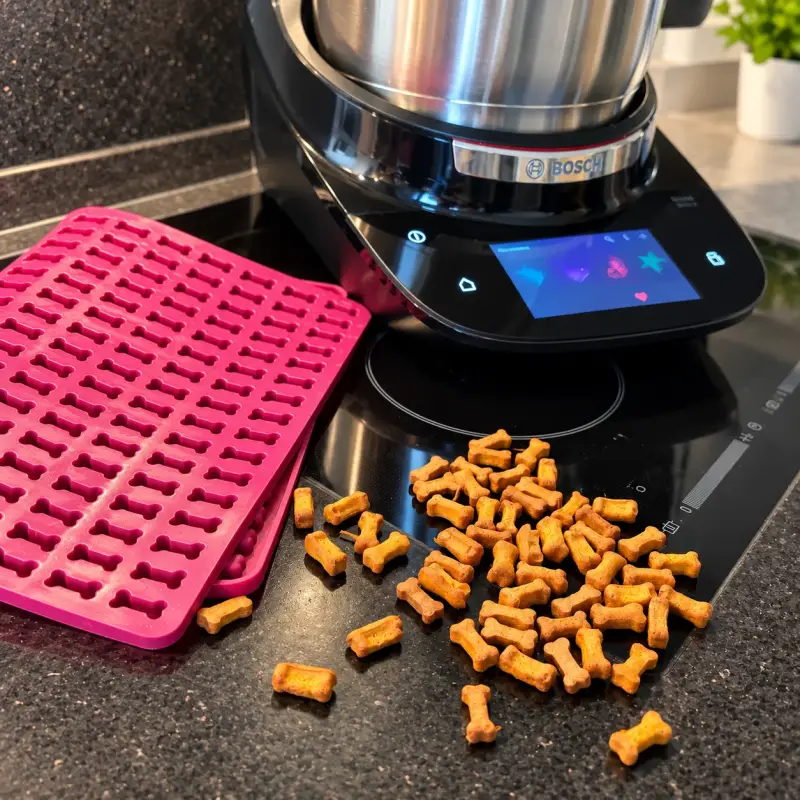 Selbst gebackene Karotten-Leckerlis in Knochenform neben Backmatte und Bosch Cookit