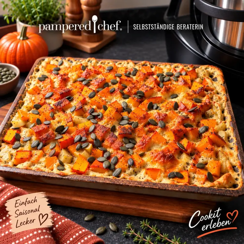 Cremiges Kartoffel-Kürbis-Gratin mit Drillingen, Hokkaido, Käse und Kürbiskernen auf dem Pampered Chef Ofenzauberer
