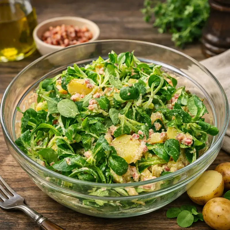 Kartoffel-Rapunzel-Salat mit Feldsalat, Speckwürfel und cremigem Dressing in Glasschüssel