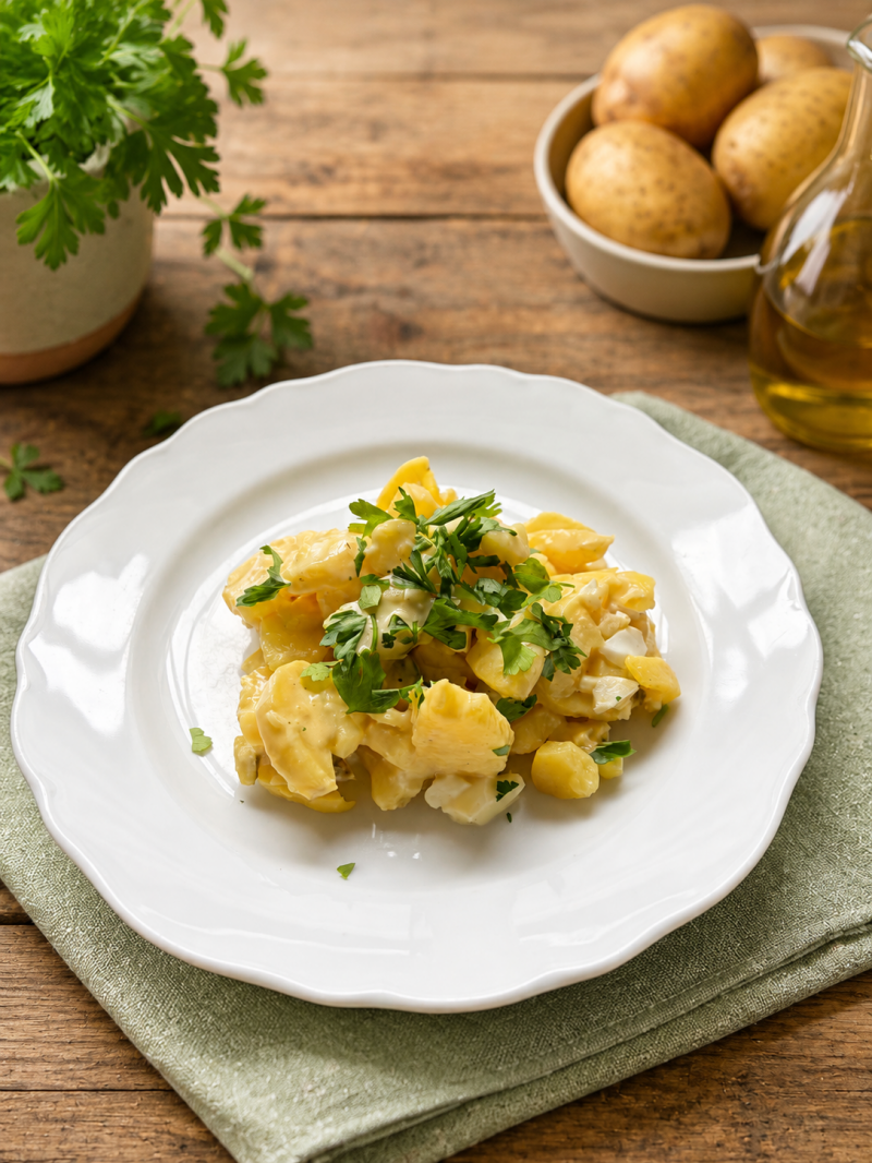 Cremiger Kartoffelsalat nach Hausmacher-Art mit Ei, Gewürzgurken und Petersilie – zubereitet im Bosch Cookit.