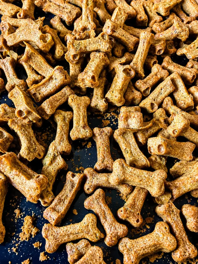 Knusprige Kräuter-Hundekekse in Knochenform auf einem Backblech 