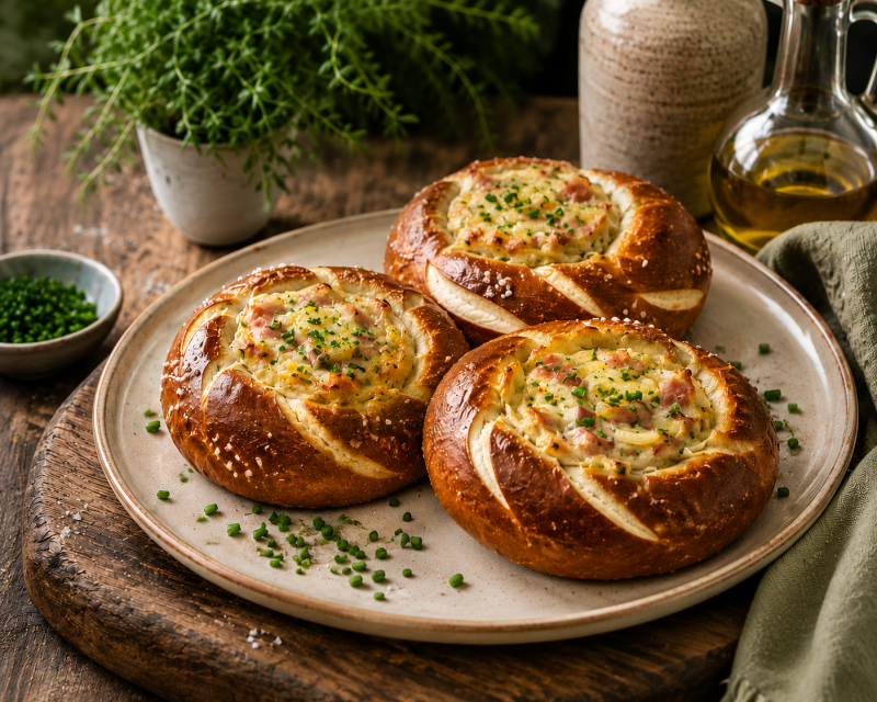 Laugenbrezeln mit cremiger Flammkuchenfüllung aus Crème fraîche, Gruyère, Zwiebeln und Schinken – im Bosch Cookit zubereitet und goldbraun überbacken.
