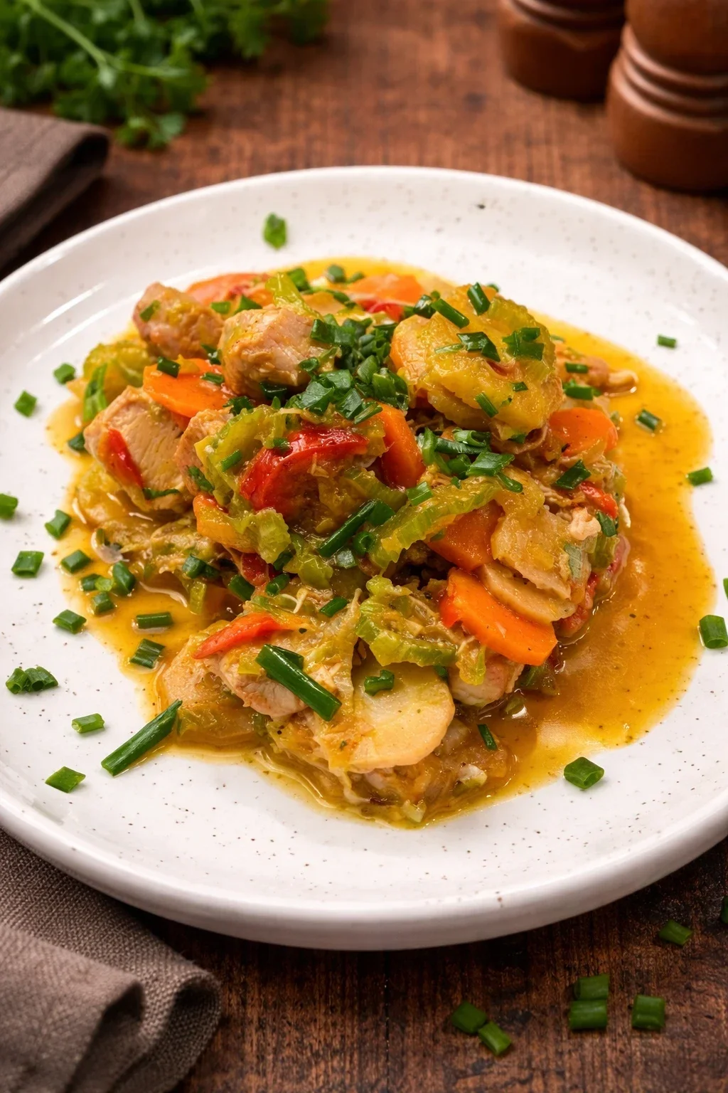 Gemüsesalat mit Sauce auf hellem ateller