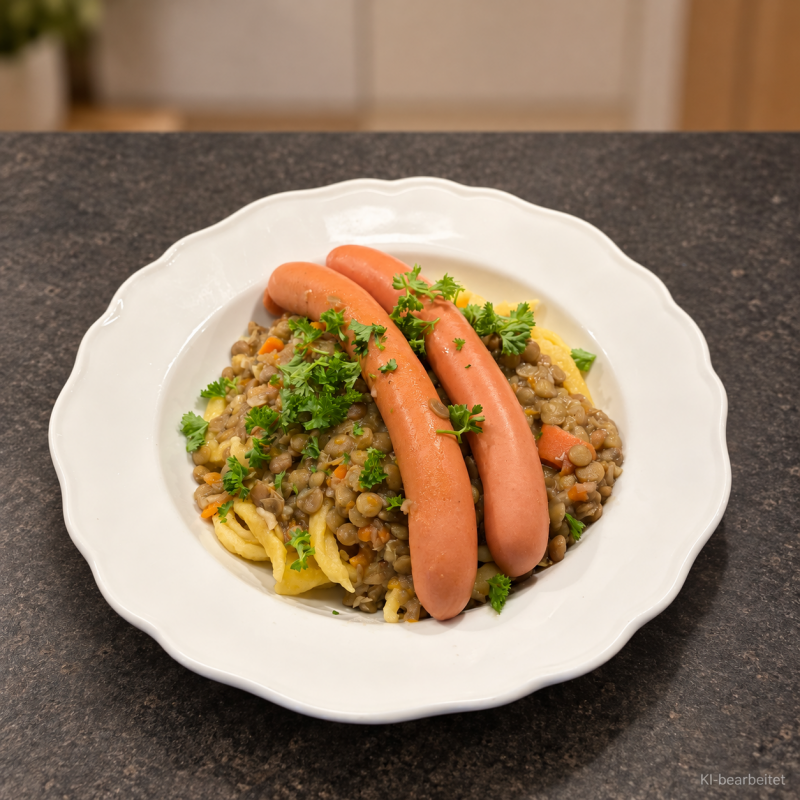 Linsen mit Spätzle und Wiener Würstchen, mit Petersilie auf einem weißen Teller angerichtet