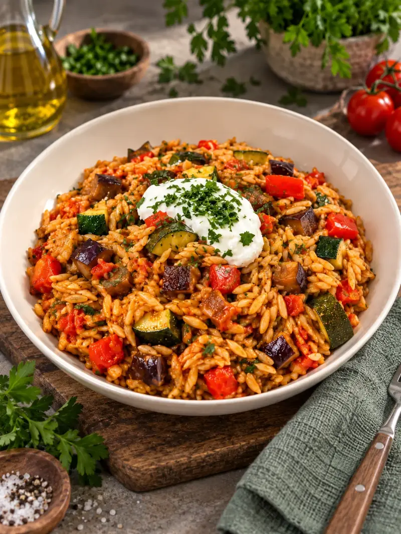 Mediterranes One Pot Kritharaki mit Zucchini Aubergine und Paprika aus dem Bosch Cookit