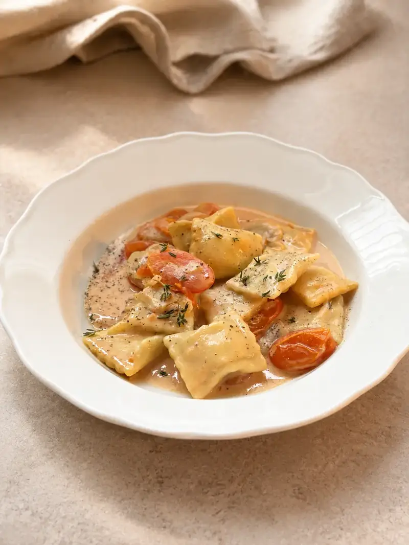 Cremige One-Pot Maultaschen aus dem Cookit mit Champignons und Kirschtomaten