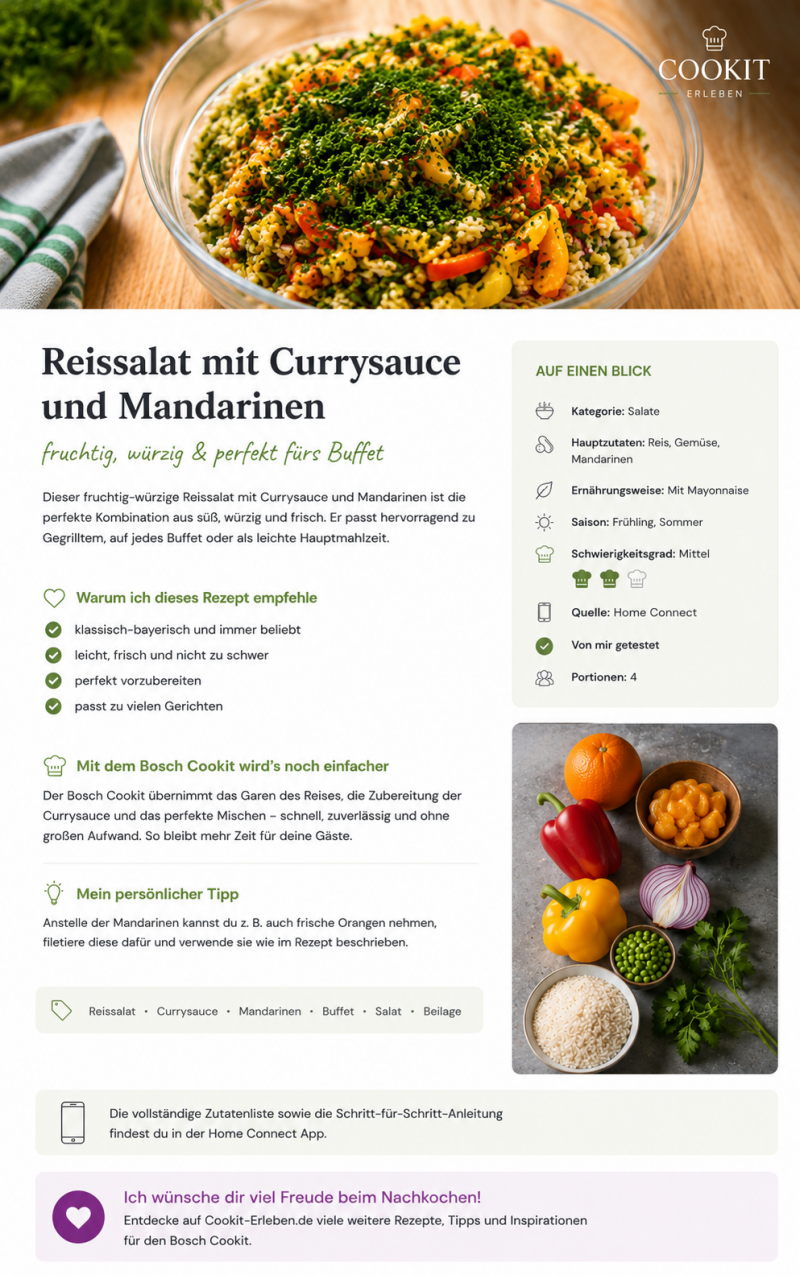 Fruchtiger Reissalat mit Currysauce, Mandarinen, Paprika und Erbsen im Bosch Cookit zubereitet – ideal als Grillsalat oder für das Buffet.