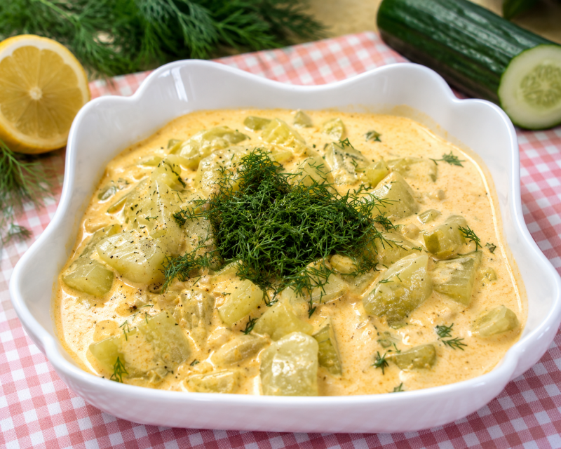Klassische rheinische Schmorgurken in einer cremigen, fein gewürzten Soße mit frischem Dill.