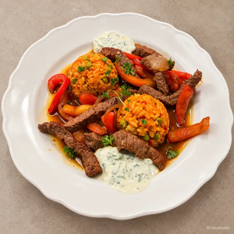Rinderstreifen mit Paprika, rotem Ajvar-Reis mit Erbsen und Kräuterdip auf einem weißen Teller