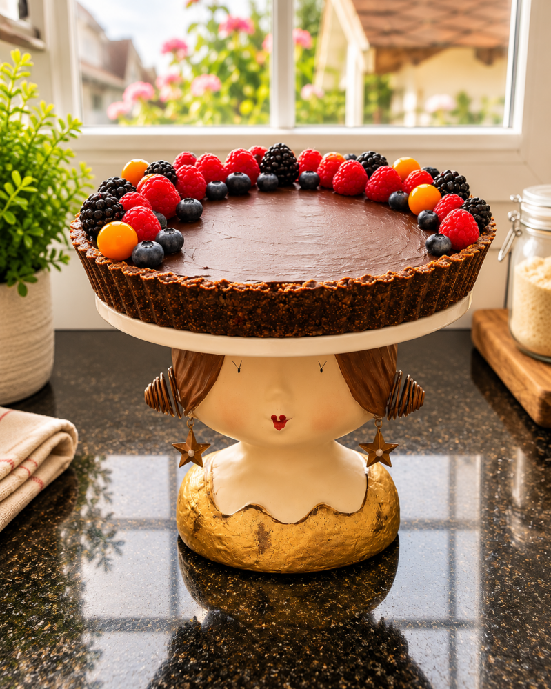 Vegane Schokoladen-Tarte aus dem Bosch Cookit mit Nussboden und frischen Beeren.
