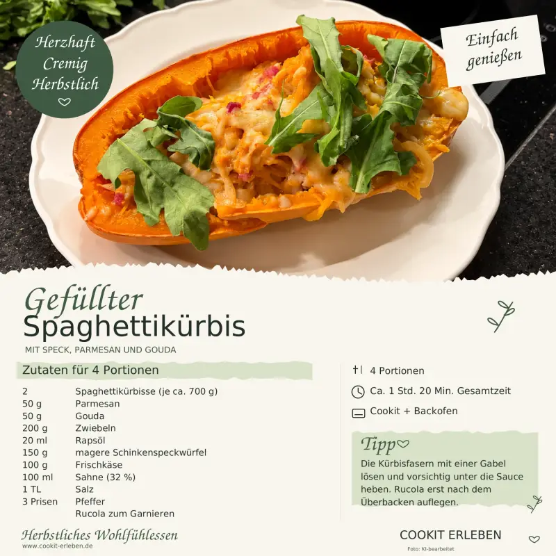 Rezeptkarte für gefüllten Spaghettikürbis mit Speck, Parmesan und Gouda für den Bosch Cookit