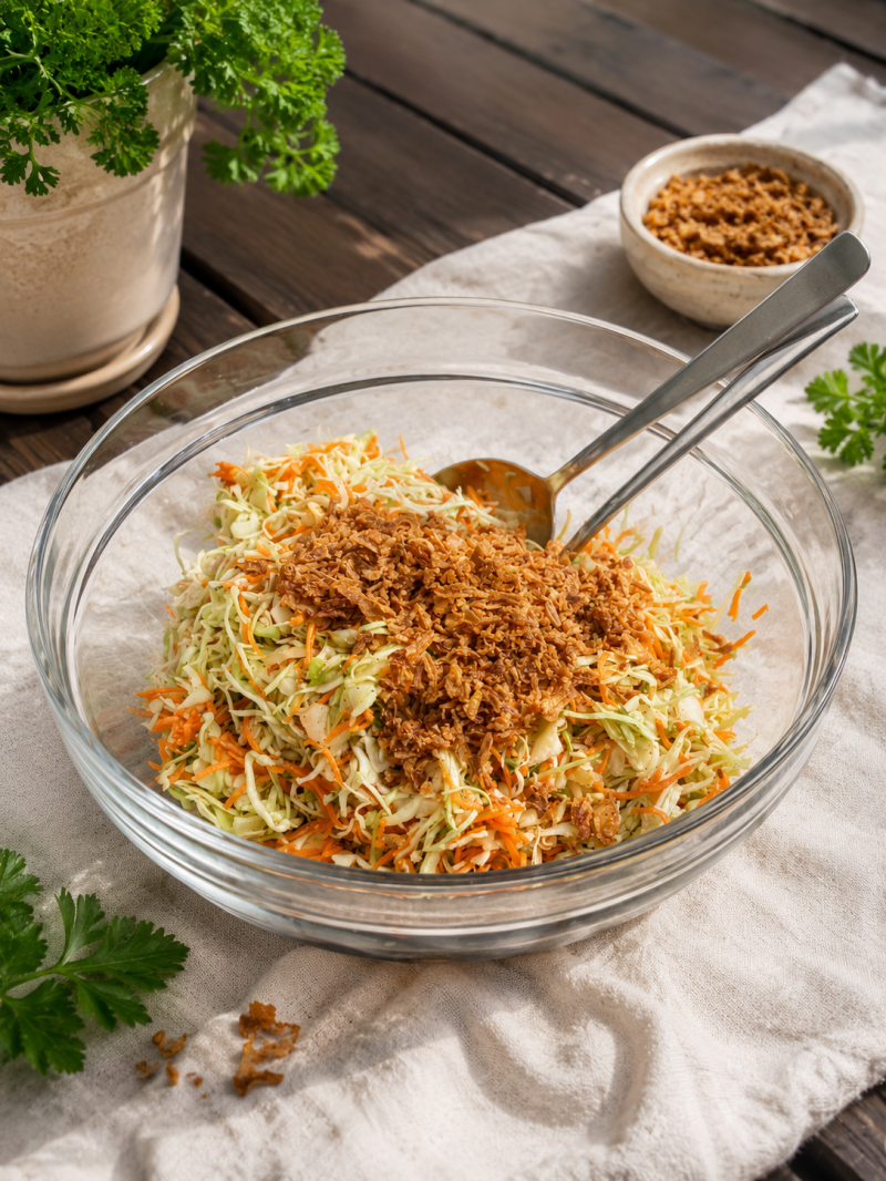 Knackiger Spitzkohlsalat mit Möhre, Staudensellerie und knusprigen Röstzwiebeln – zubereitet mit dem Bosch Cookit.