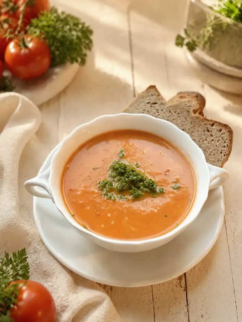 Cremige Tomatensuppe aus frischen Tomaten mit Petersilie und Brot, zubereitet im Bosch Cookit