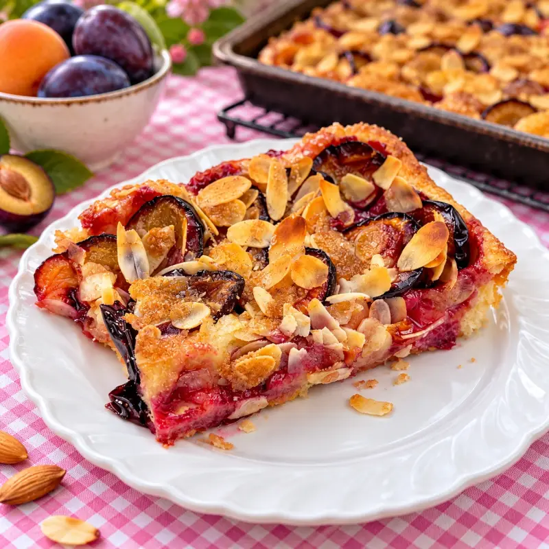 Saftiger Zwetschgen-Butterkuchen mit Mandelkruste aus Dinkelteig