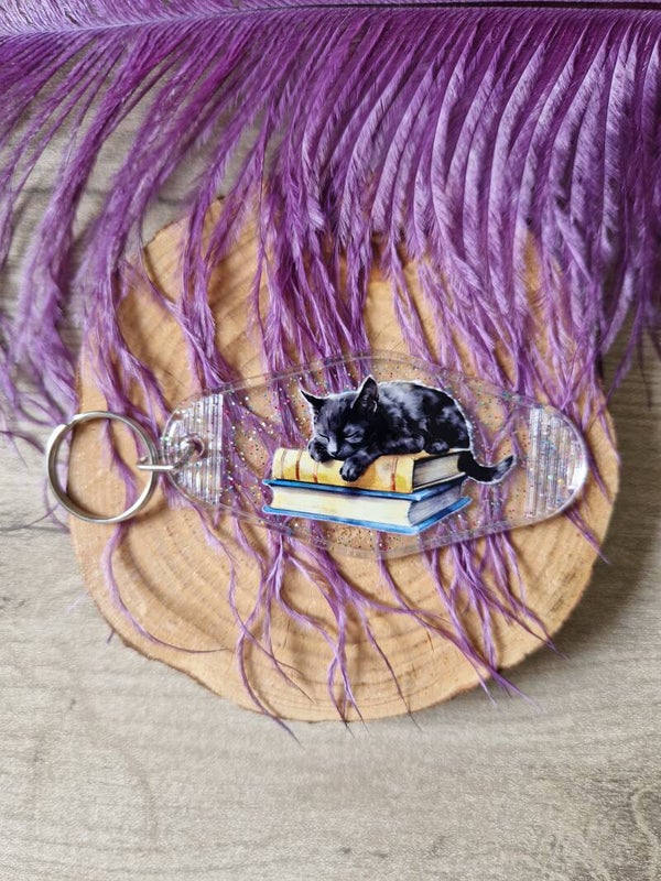 Porte-clés motel à paillettes chat noir qui lit,