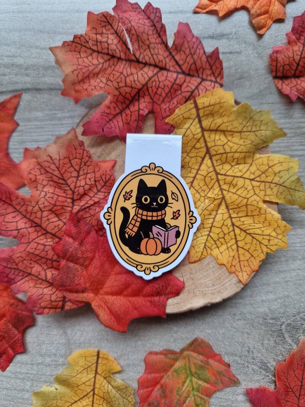 Marque-page magnétique chat noir automne,