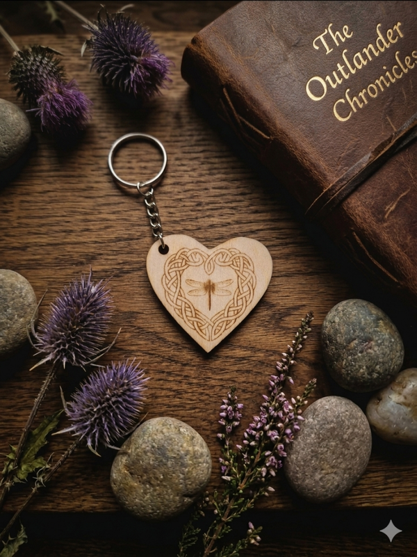 Porte-clés en bois coeur libellule,