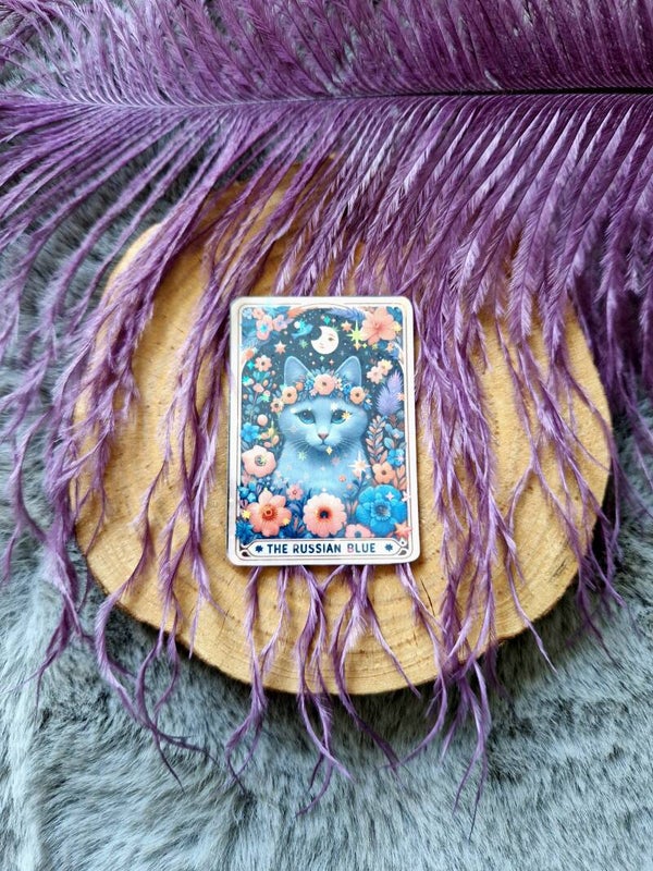 Sticker holographique tarot chat The russian blue,