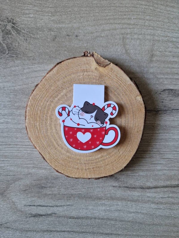Marque-page magnétique « Chat dans tasse cœur de Noël »