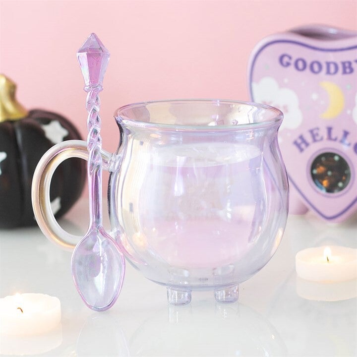 Tasse en verre violet à double paroi en forme de chaudron, avec cuillère