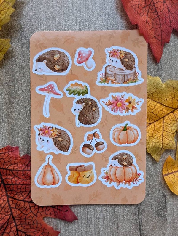Planche de stickers hérissons d'automne,