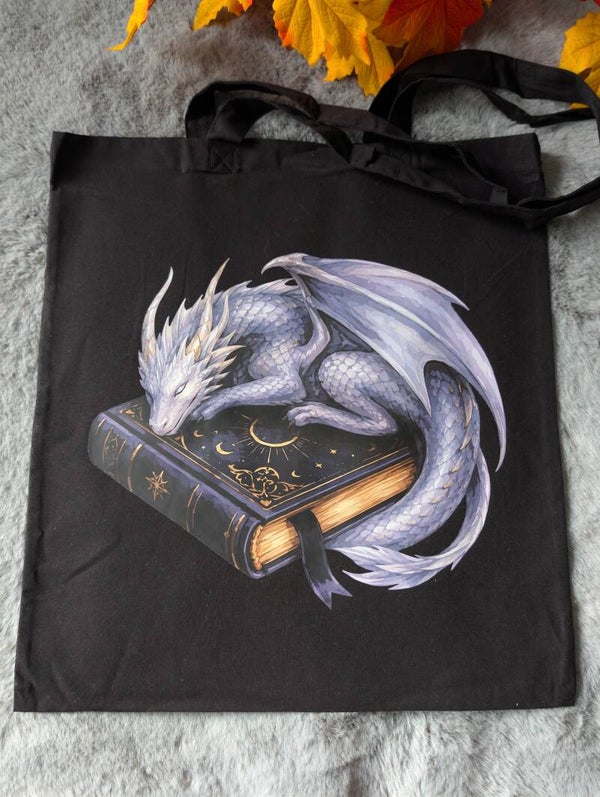 Tote bag noir dragon qui dort,
