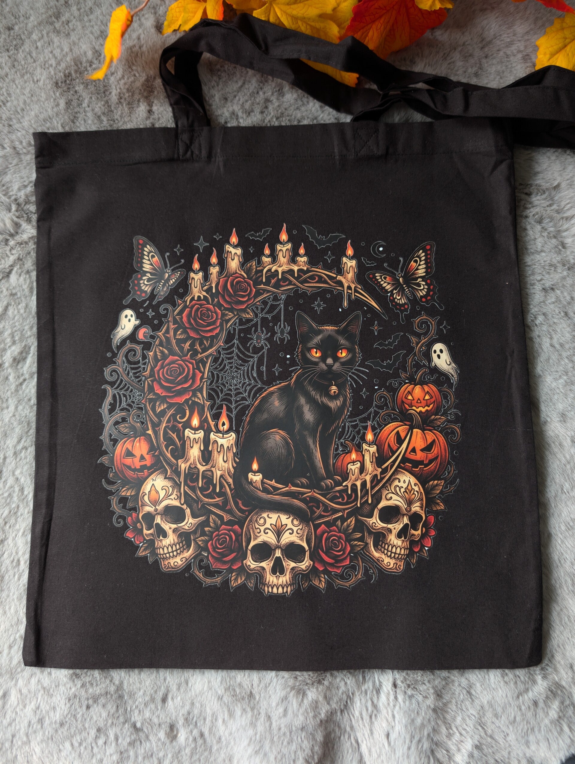 Tote bag noir chat noir gotique,
