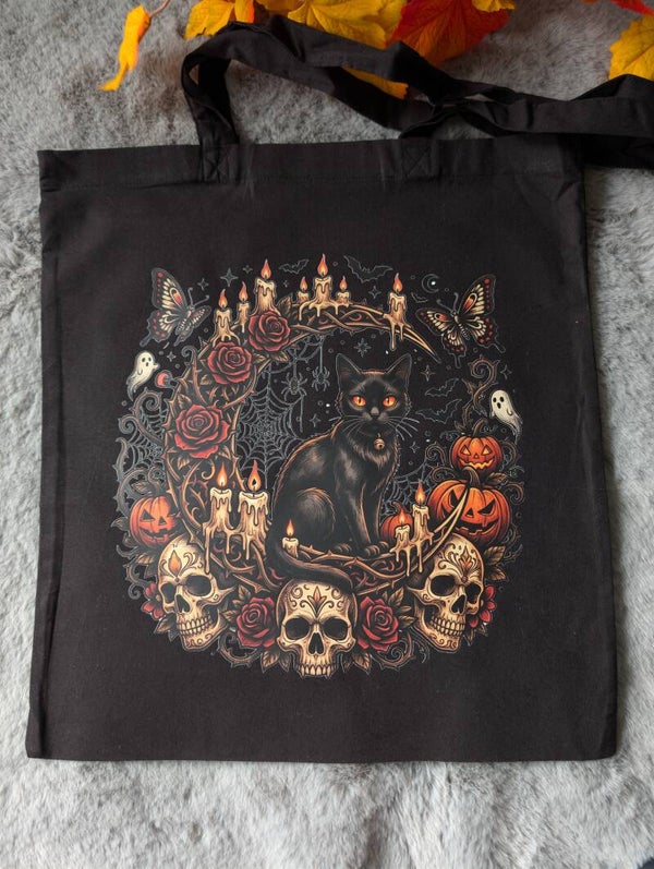 Tote bag noir chat noir gotique,