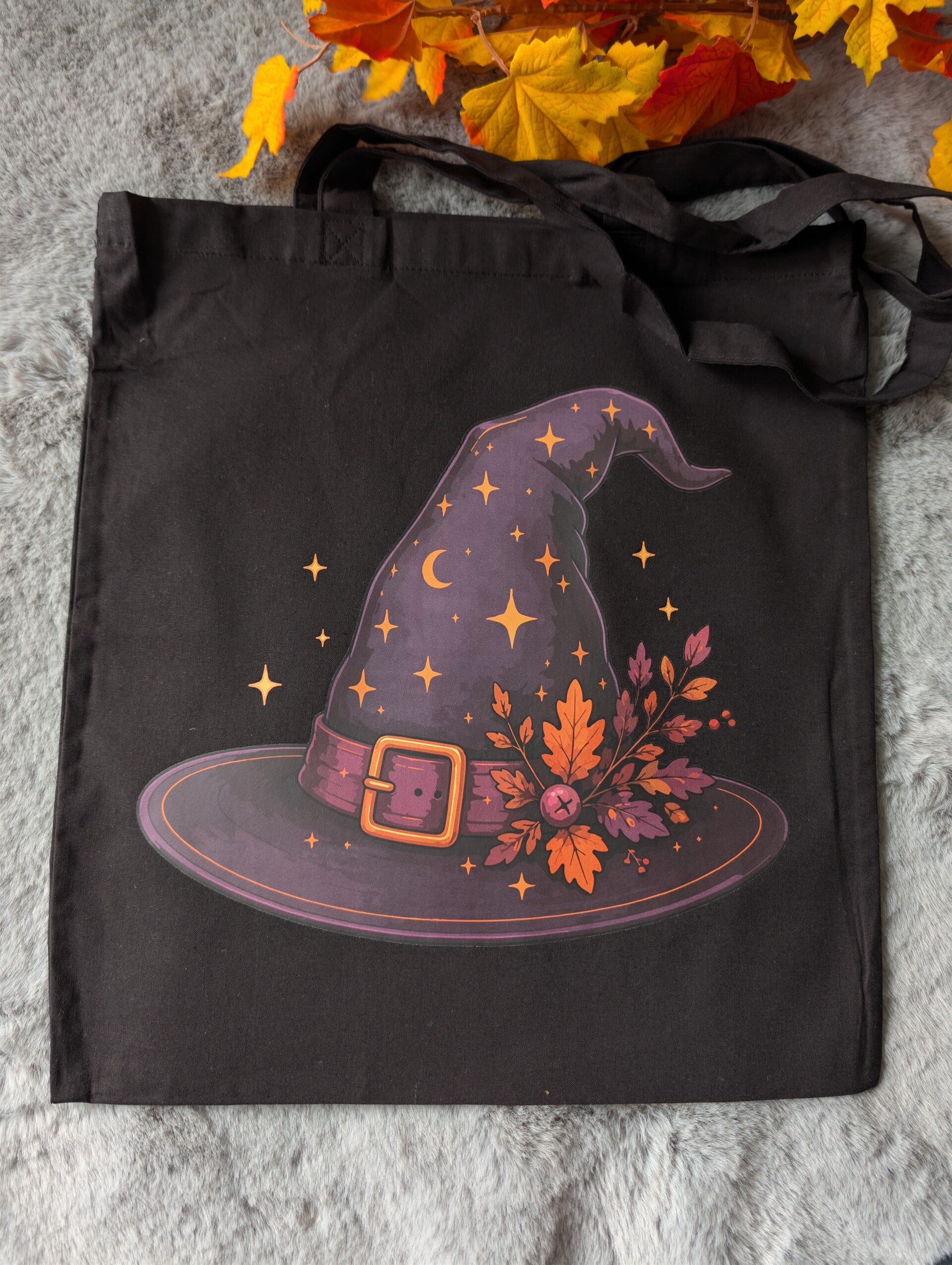 Tote bag noir chapeau de sorcière,