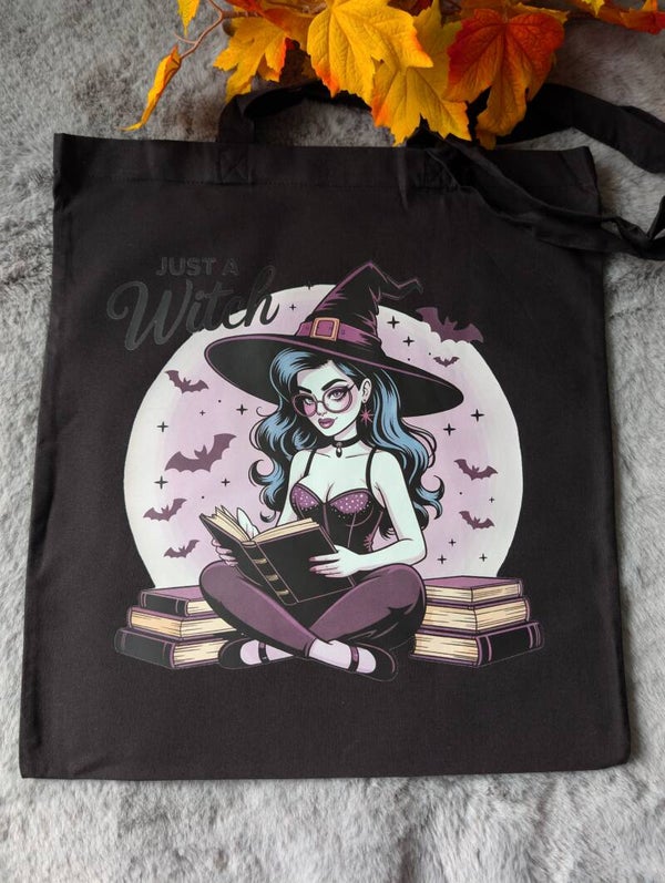 Tote bag noir Just a witch,