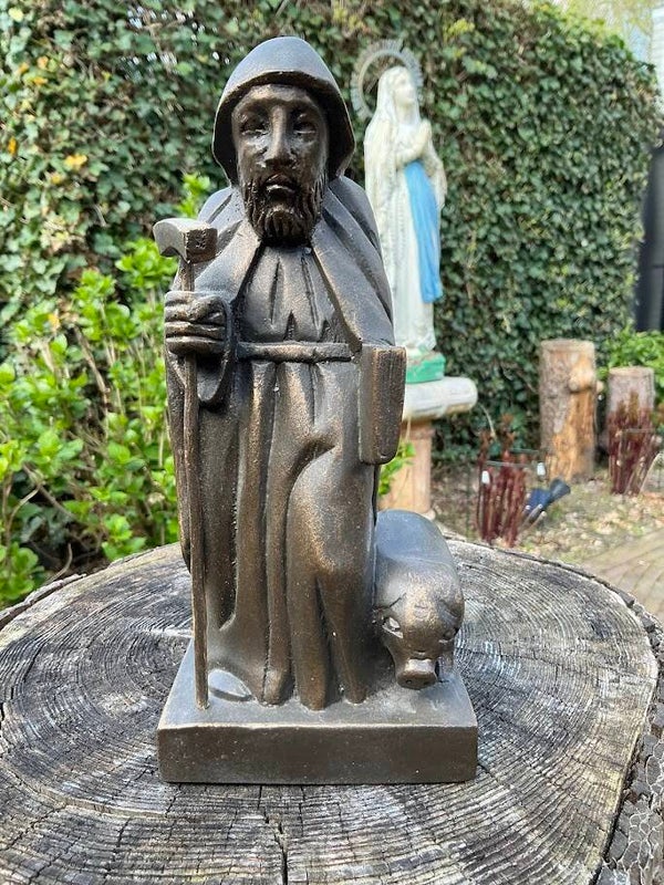 Antiek gebronsd heiligenbeeld – Sint-Antonius Abt met varken (jaren ’50)