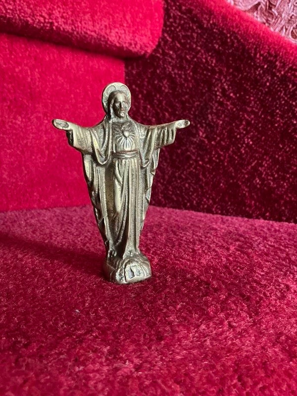 Uniek miniatuur beeldje Jezus Heilig Hart koper/brons