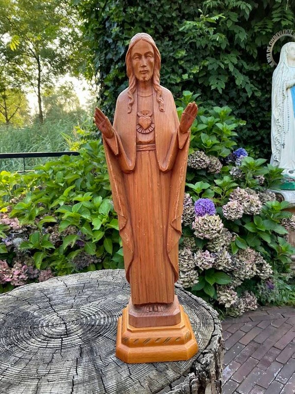 Oud Houten Heiligenbeeld – Jezus met het Heilig Hart (Italië, Jaren ’70)