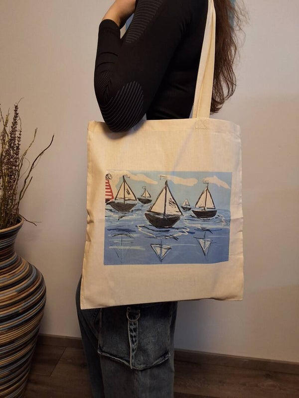 Bedruckte Stofftaschen/ " Segelboote "/ Natur