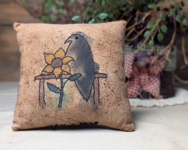 Primitive Crow and Sunflower 4-Inch Pillow for Home Decor