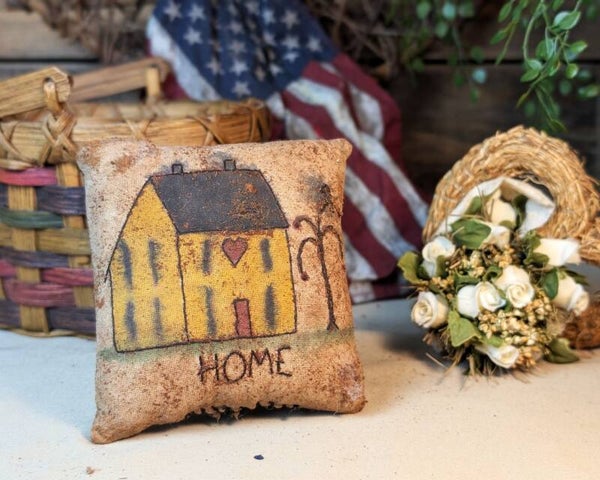 Primitive Farmhouse Mustard Colored Saltbox House 4-Inch Mini Home Accent Pillow