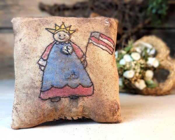 Primitive Lady Liberty 4-Inch Distressed Fabric Home Decor Accent Pillow