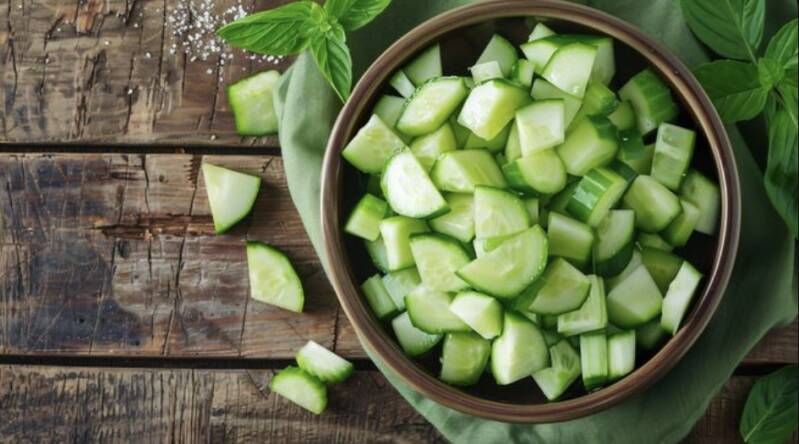 Afbeelding van houten snijplank met gesneden courgettes in een kom en blaadjes munt