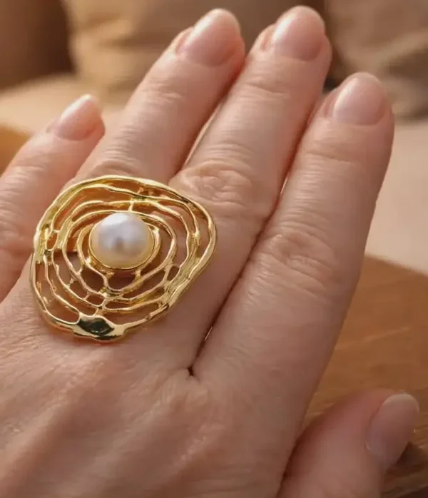 KC Gold Plated White Pearl Adjustable Ring Beauty Gift