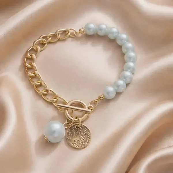 Edgy & Elegant Half from Chain, Half from White Pearl Bracelet