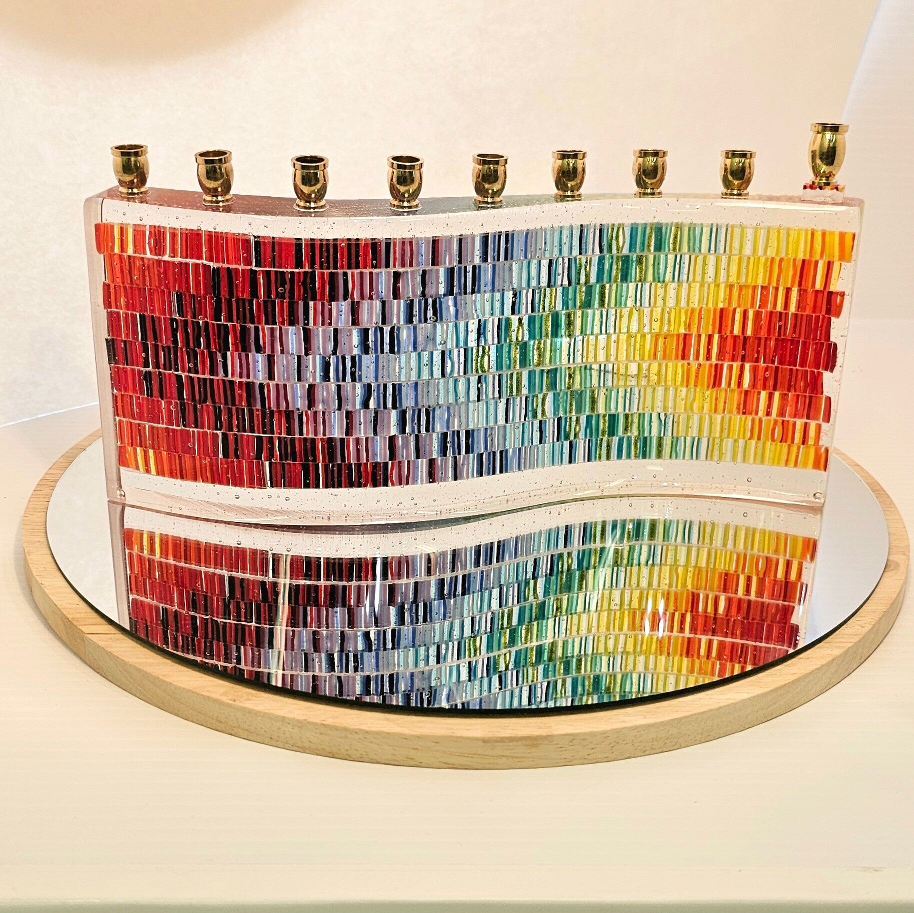 Wavy rainbow tapestry menorah